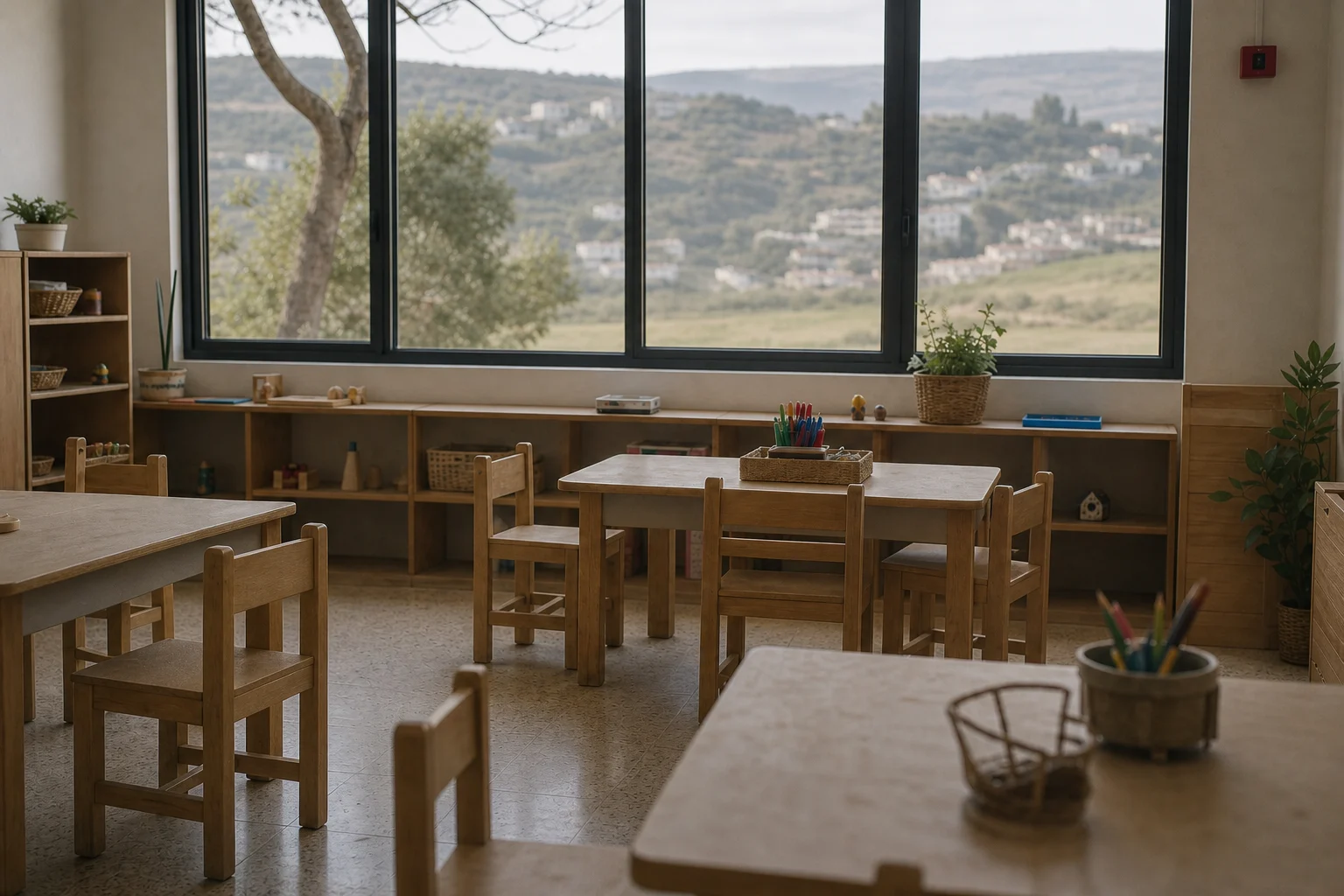 A quiet, unused classroom in Northern Israel with a civil-defense alarm visible on the wall